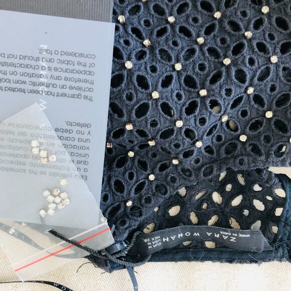 Rhinestone Studded Navy Cotton Eyelet Boxy Crop Top - Picture 6 of 8
